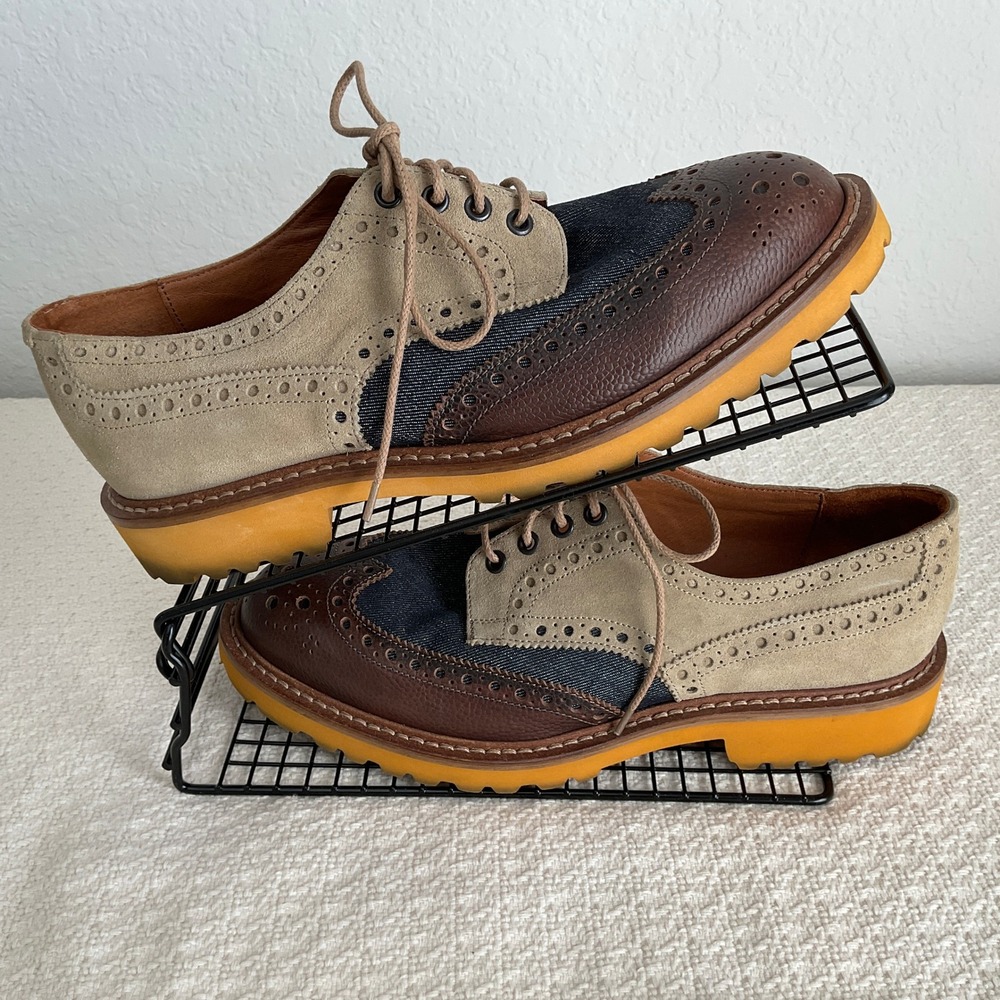 Donald J Pliner Boris Wingtip Oxford Brown Blue Cream Mens 9.5 Italy Pre-Owned - Picture 3 of 10